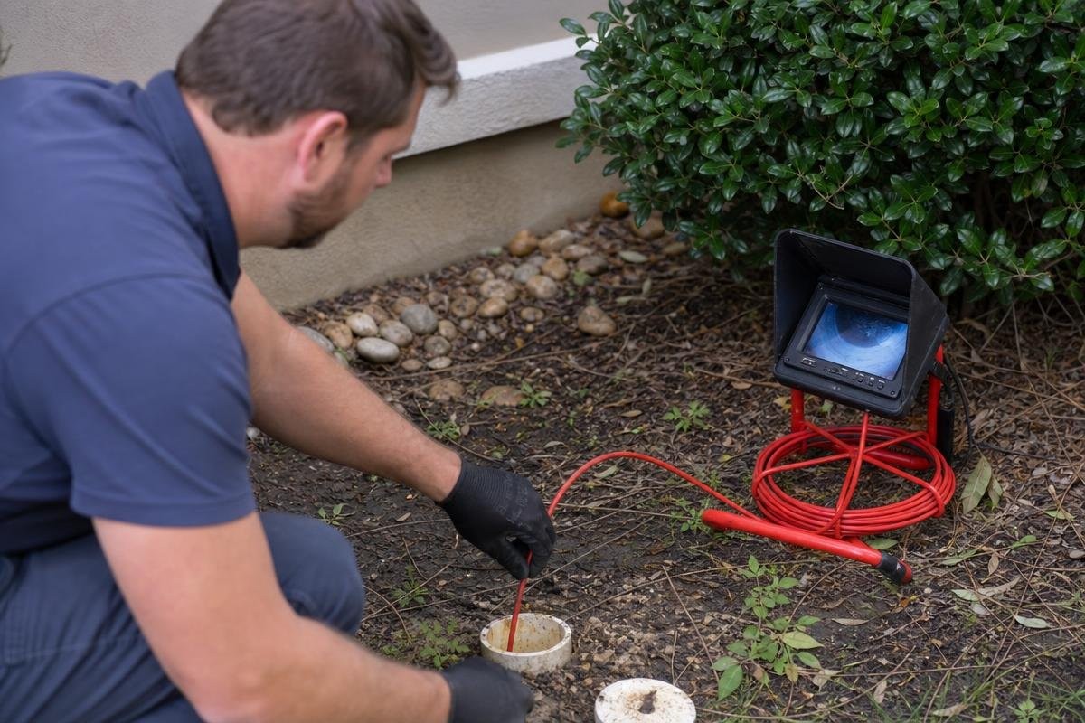 A licensed plumber performing a sewer camera inspection at a clean-out, holding the camera probe with a monitor nearby