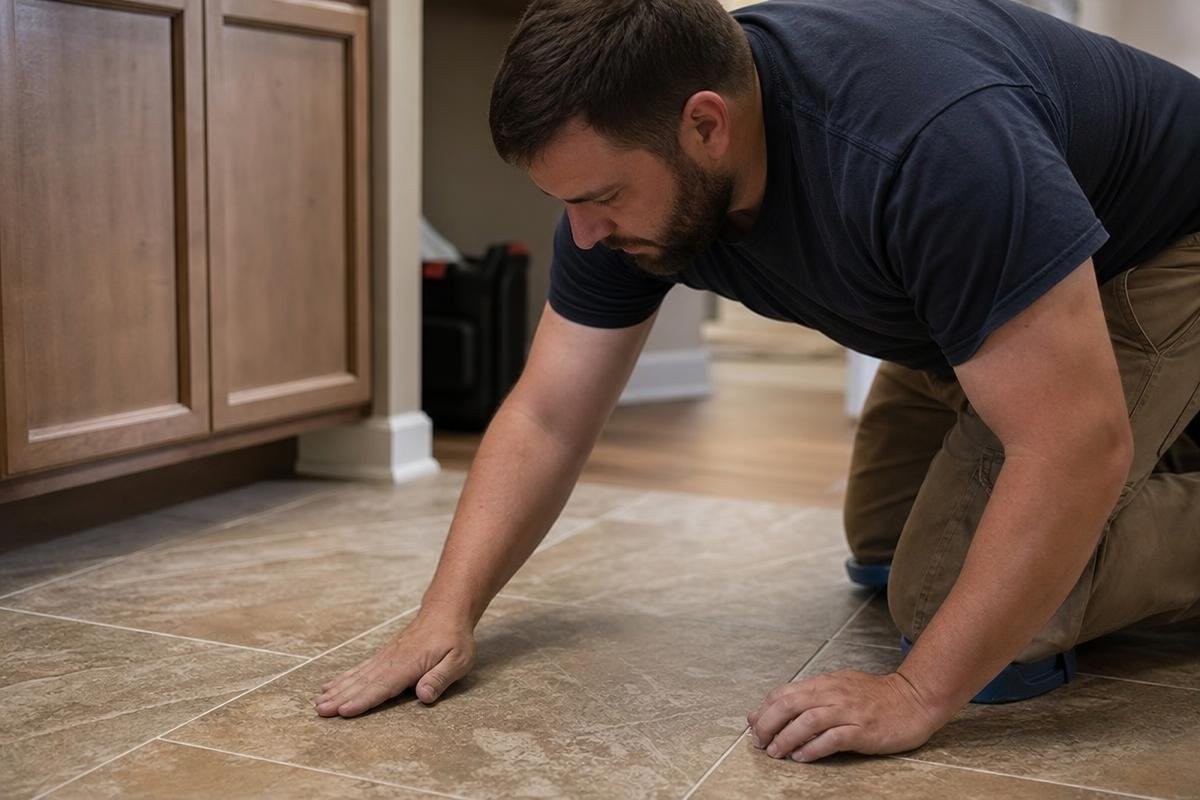 A licensed plumber performing slab leak repair work inside a home in The Colony, TX