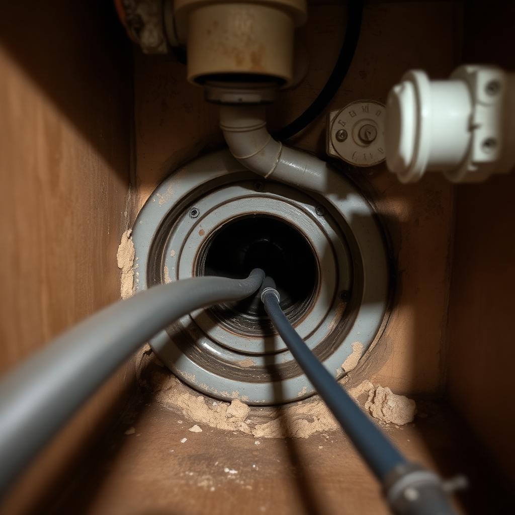 Sectional drain cleaning machine cabling into the cast iron main cleanout of an Addison, TX condo