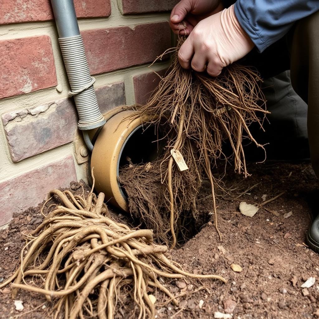 Plumber pulling tree roots out of a residential sewer line at an older Addison, TX ranch