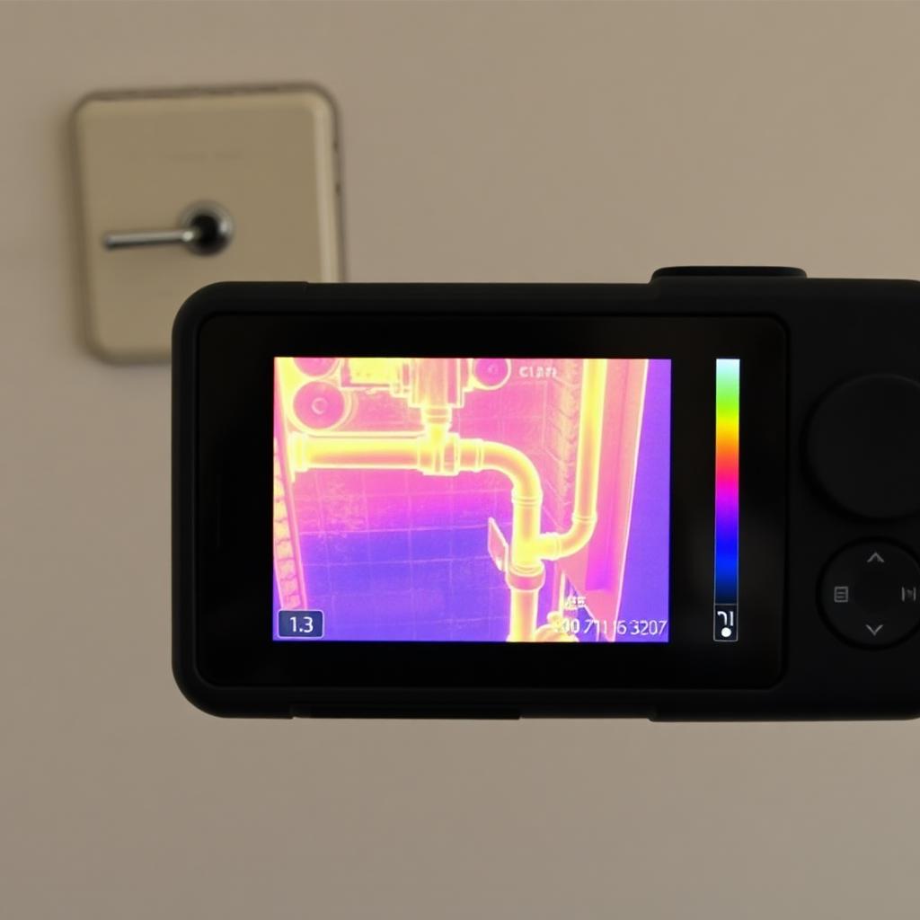 Thermal imaging display showing a hot-side pipe leak inside an Addison, TX condo wall