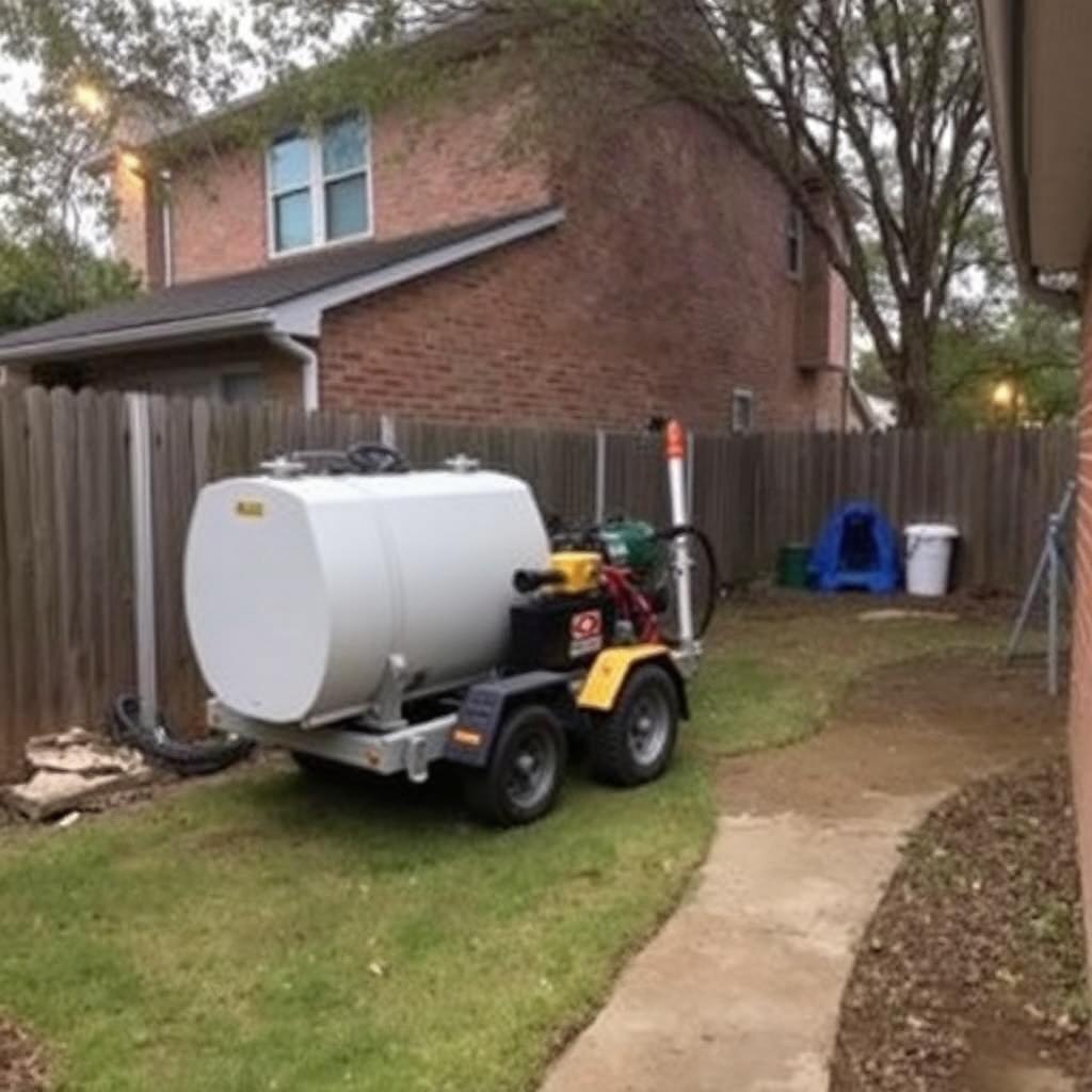 Compact pipe bursting rig positioned behind an Addison, TX townhome sewer cleanout