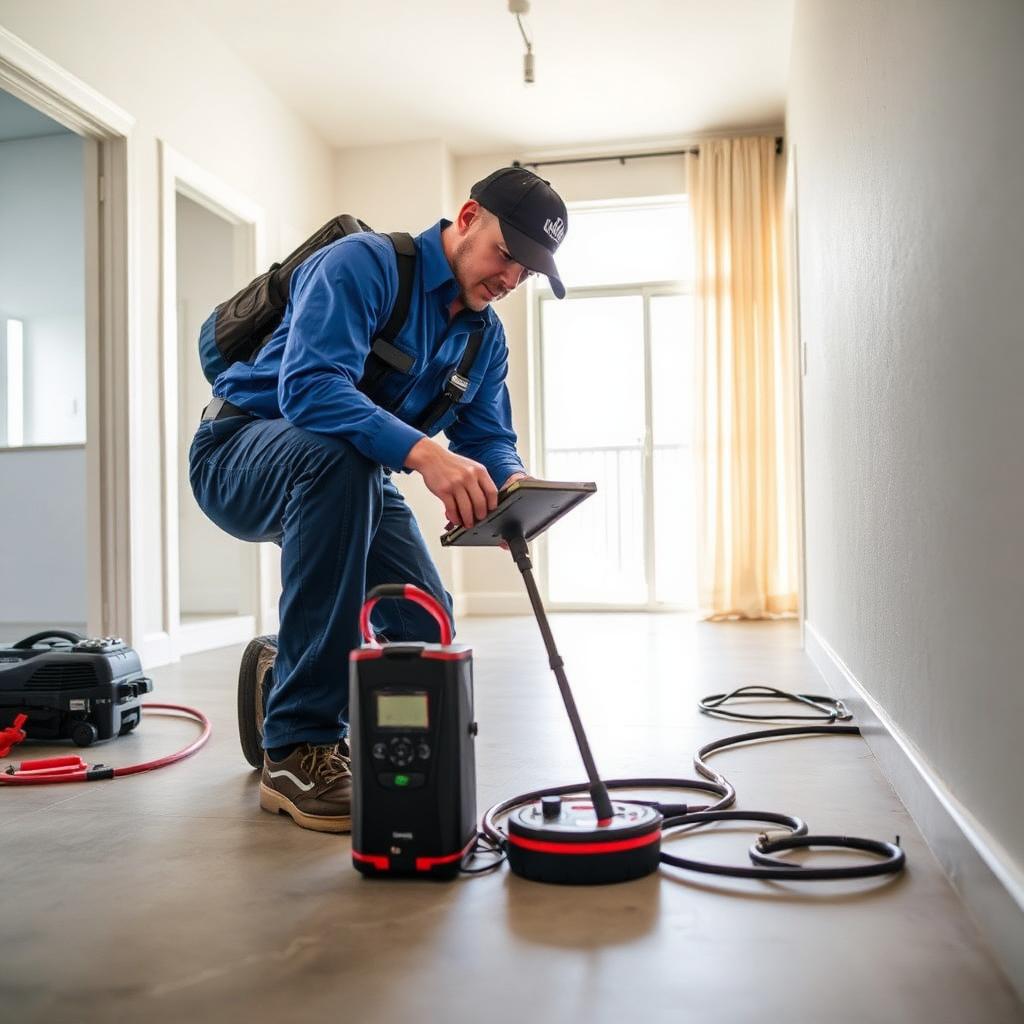 Electronic leak detection sensors on the concrete slab of an Addison, TX ranch home