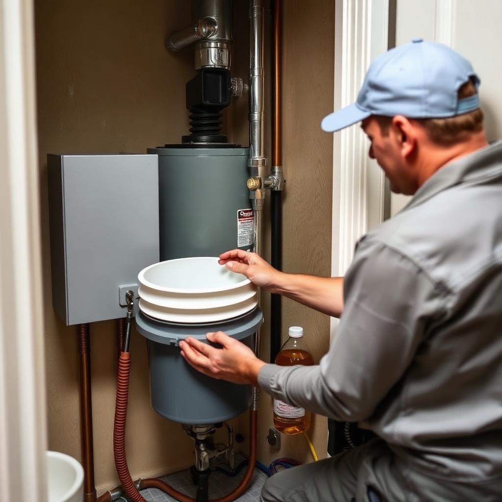 Descaling pump setup for annual tankless water heater maintenance at an Addison, TX condo