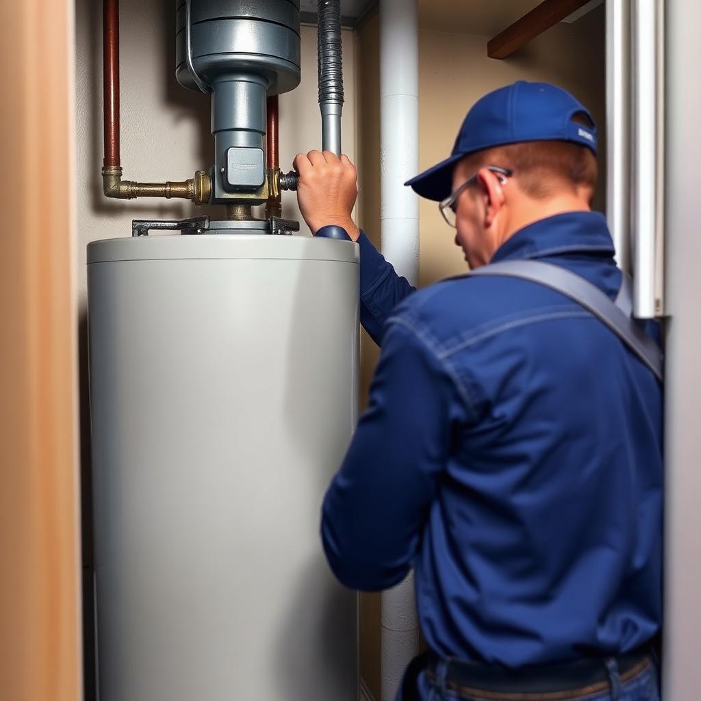 Plumber draining and servicing a 50-gallon tank water heater in an Addison, TX condo mechanical closet