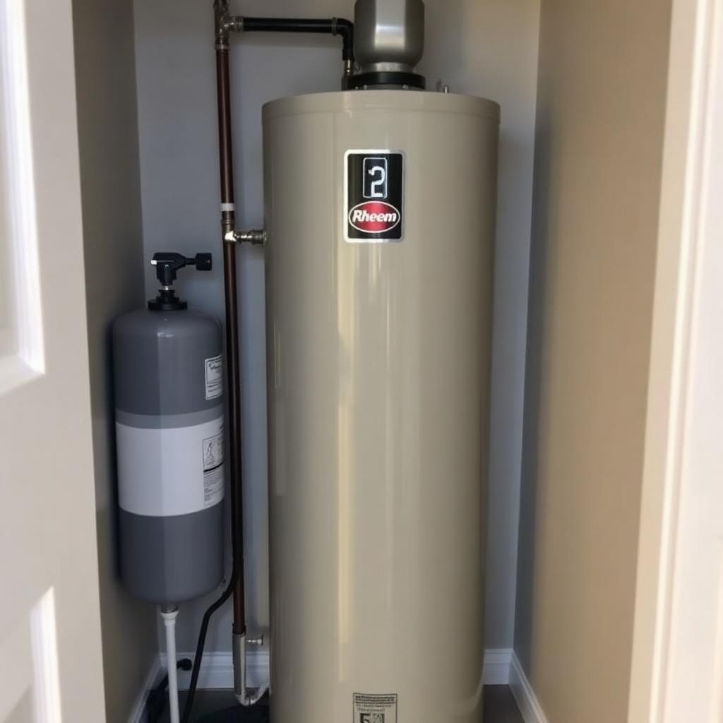 New Rheem gas water heater with expansion tank and drain pan installed in an Addison, TX townhome closet