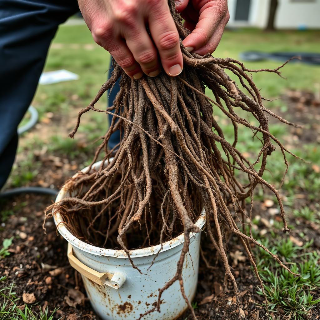 Plumber pulling tree roots out of a residential sewer line at an older Allen, TX ranch