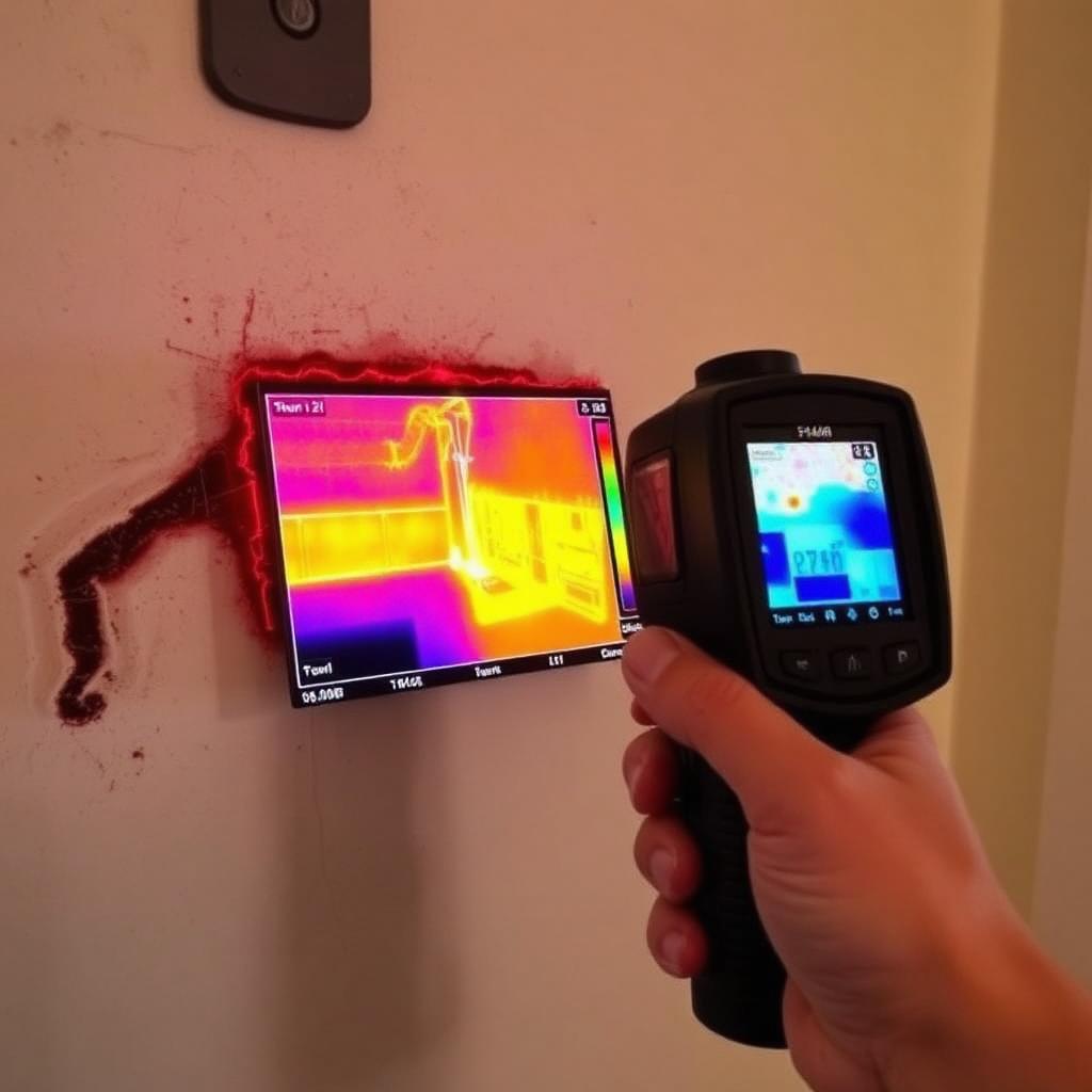 Thermal imaging display showing a hot-side pipe leak inside an Allen, TX condo wall