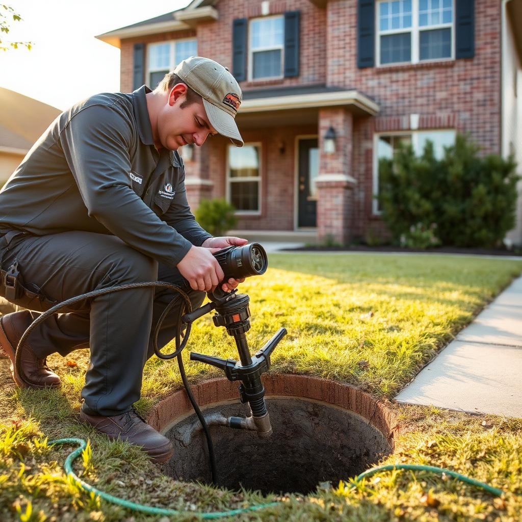 Compact pipe bursting rig positioned behind an Allen, TX townhome sewer cleanout