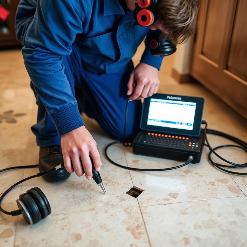 Electronic leak detection sensors on the concrete slab of an Allen, TX ranch home