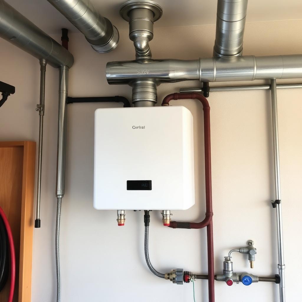 Plumber performing annual descaling on a tankless water heater in an Allen, TX utility closet