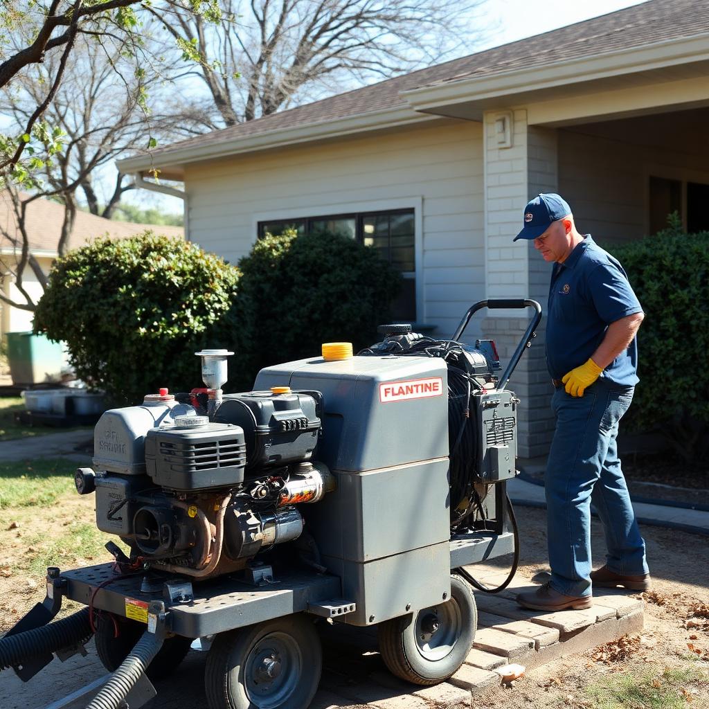 Sectional drain cleaning machine cabling into the cast iron main cleanout of an Carrollton, TX condo