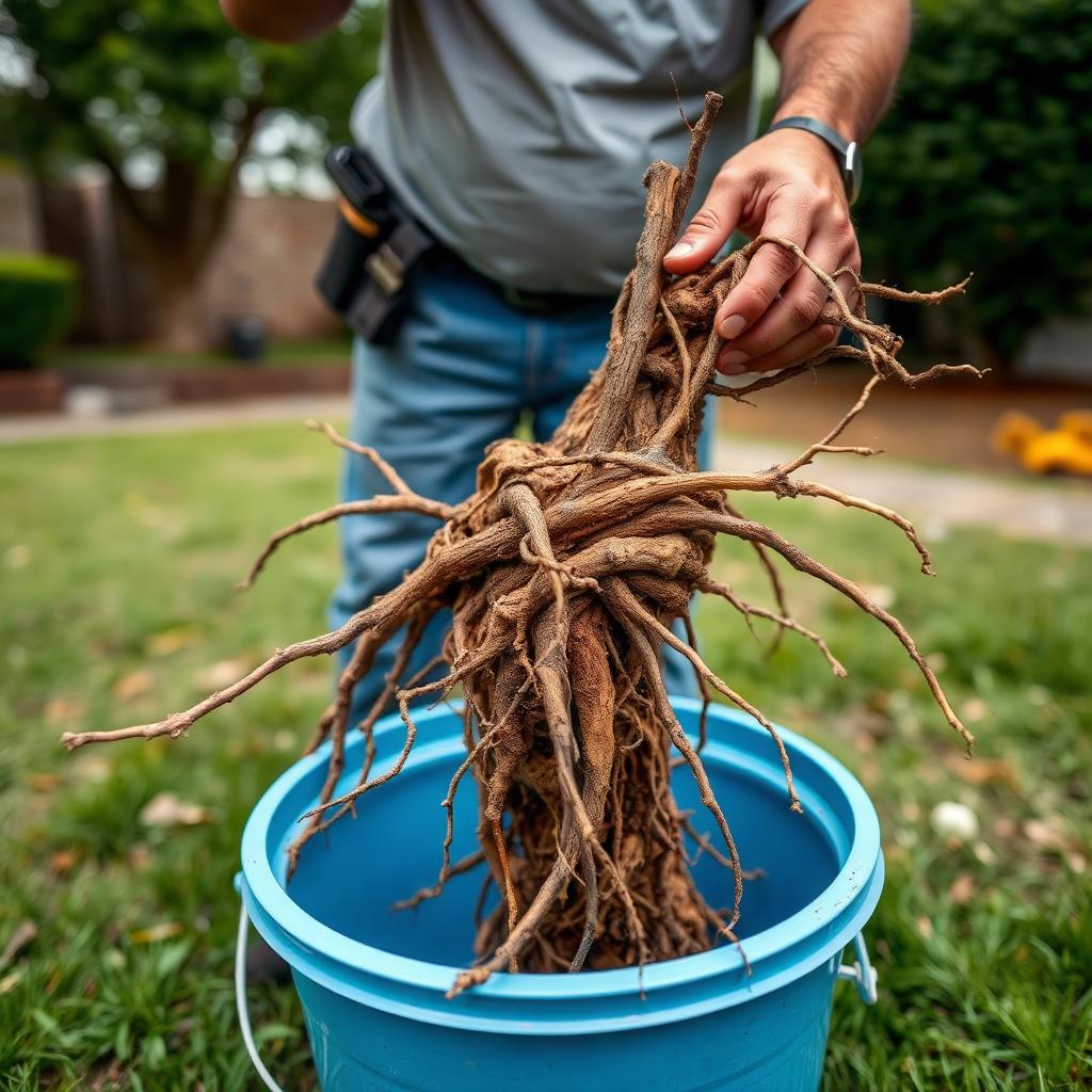 Plumber pulling tree roots out of a residential sewer line at an older Carrollton, TX ranch