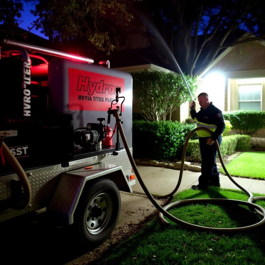Close-up of a hydro jetting nozzle spraying inside a cast iron sewer pipe removing scale