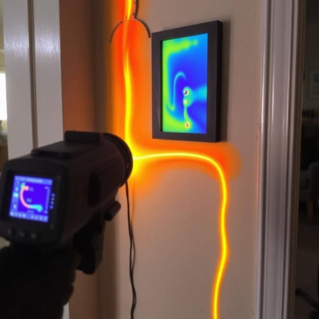 Thermal imaging display showing a hot-side pipe leak inside an Carrollton, TX condo wall