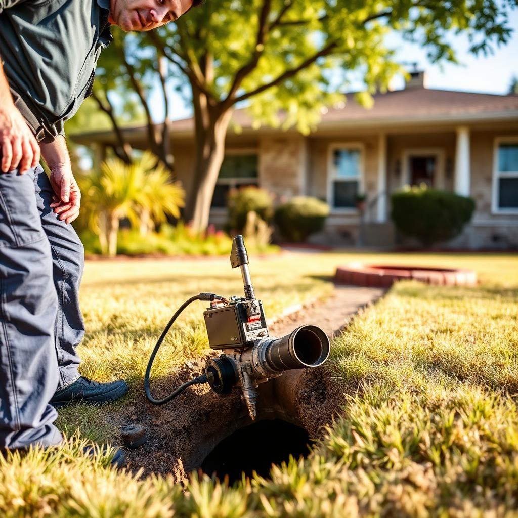 Compact pipe bursting rig positioned behind an Carrollton, TX townhome sewer cleanout