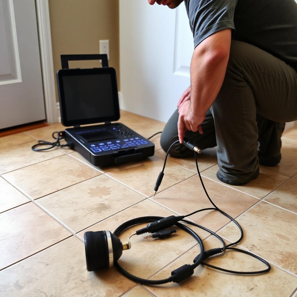 Electronic leak detection sensors on the concrete slab of an Carrollton, TX ranch home