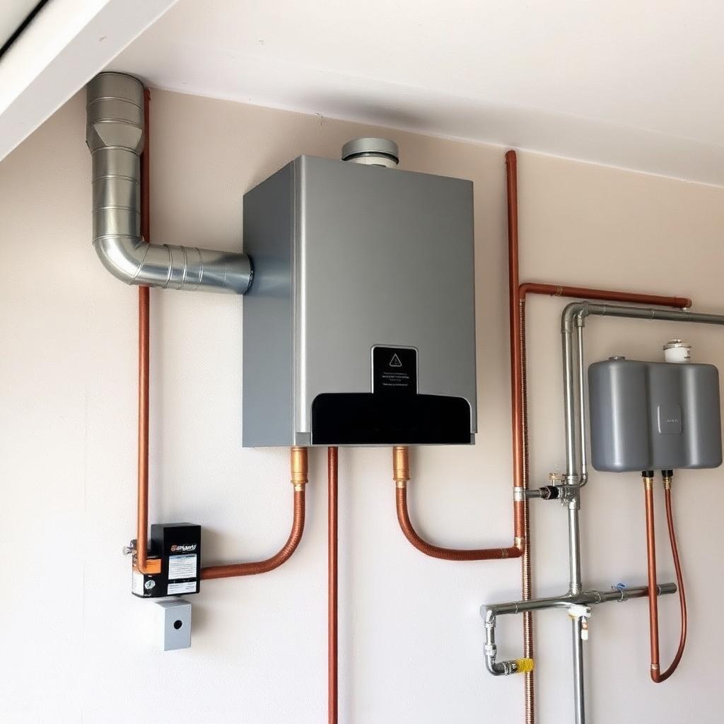 Plumber performing annual descaling on a tankless water heater in an Carrollton, TX utility closet