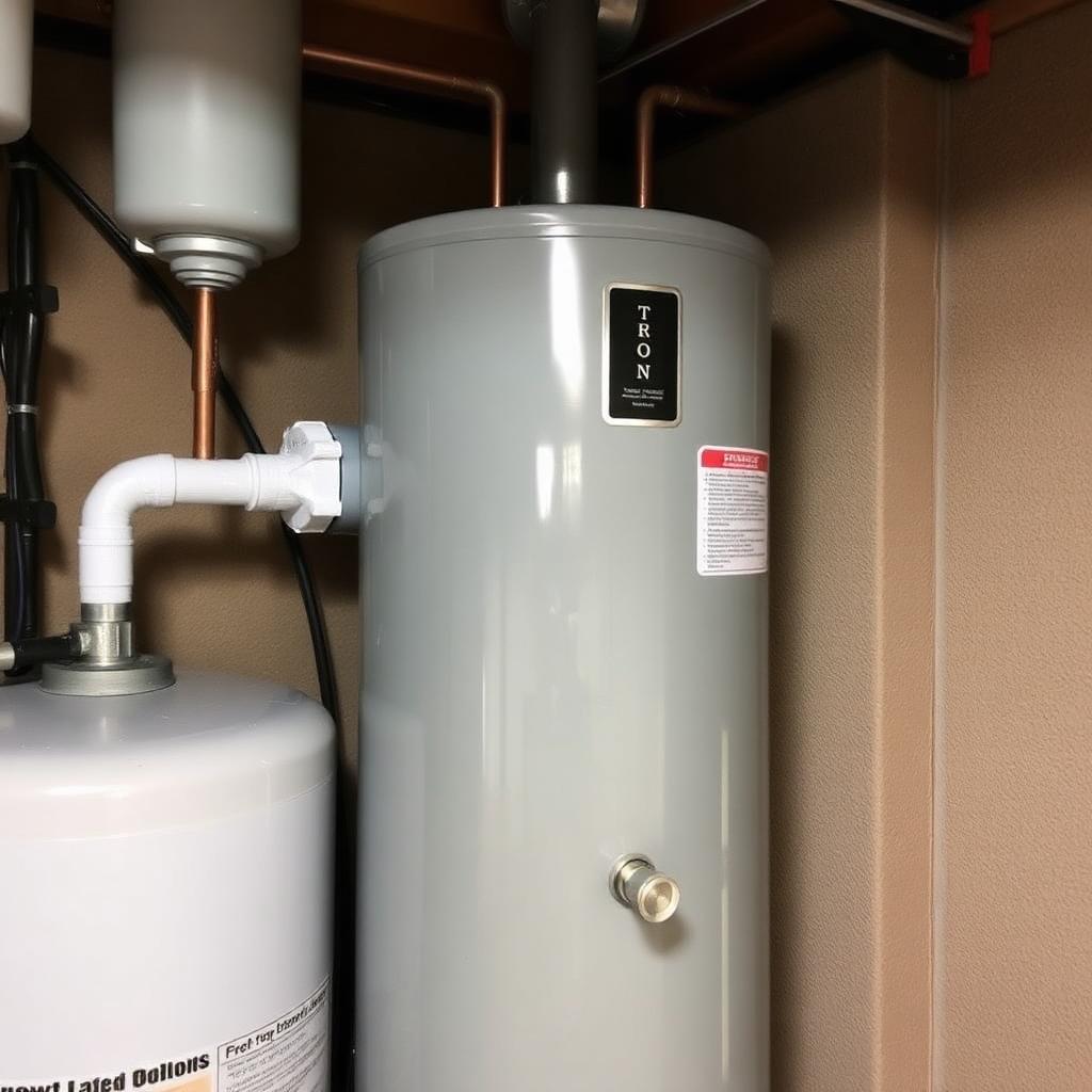Plumber draining and servicing a 50-gallon tank water heater in an Carrollton, TX condo mechanical closet