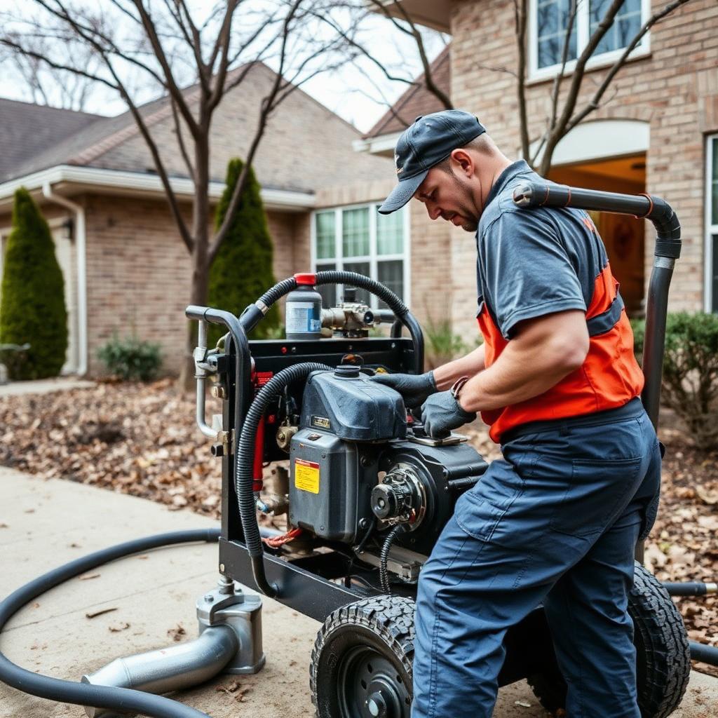 Sectional drain cleaning machine cabling into the cast iron main cleanout of an Coppell, TX condo