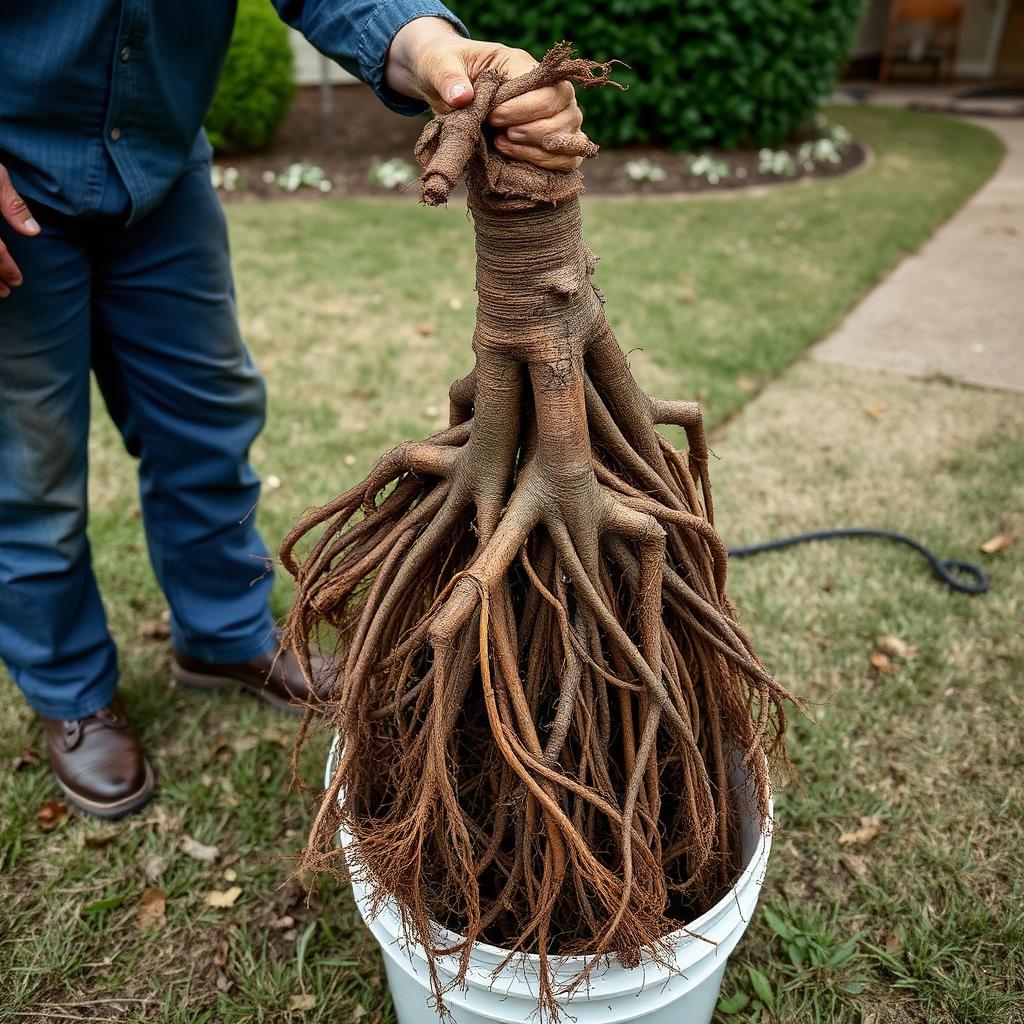 Plumber pulling tree roots out of a residential sewer line at an older Coppell, TX ranch