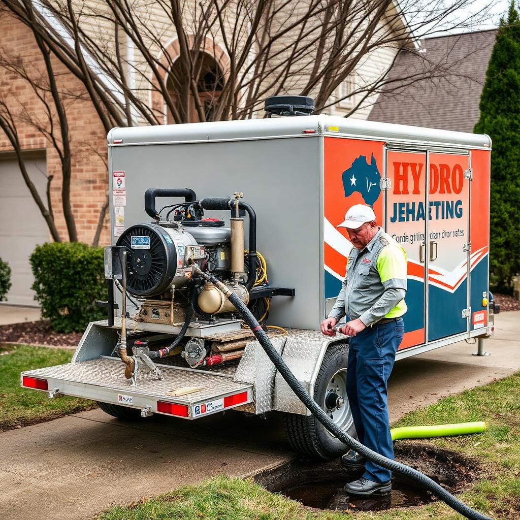 Close-up of a hydro jetting nozzle spraying inside a cast iron sewer pipe removing scale