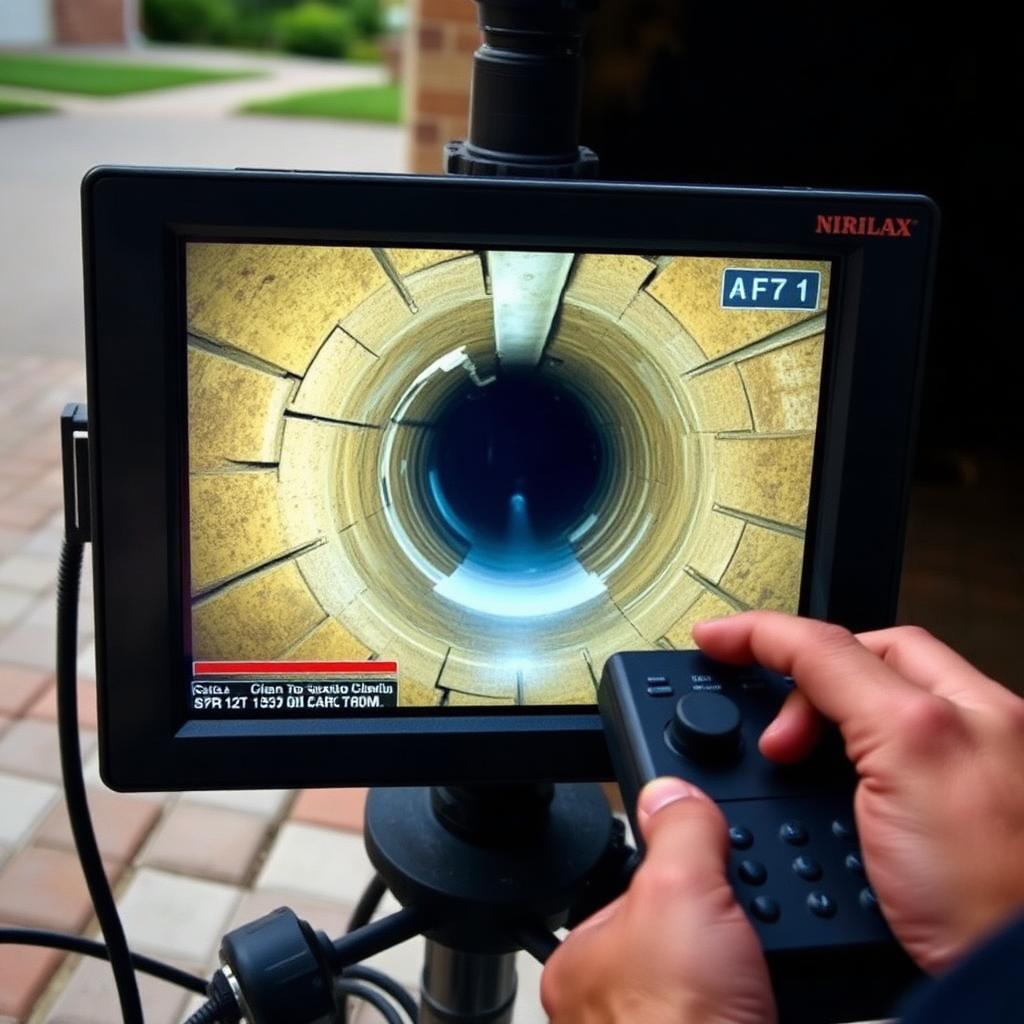 Sewer camera monitor showing the same Coppell, TX main line before and after hydro jetting — restored full diameter
