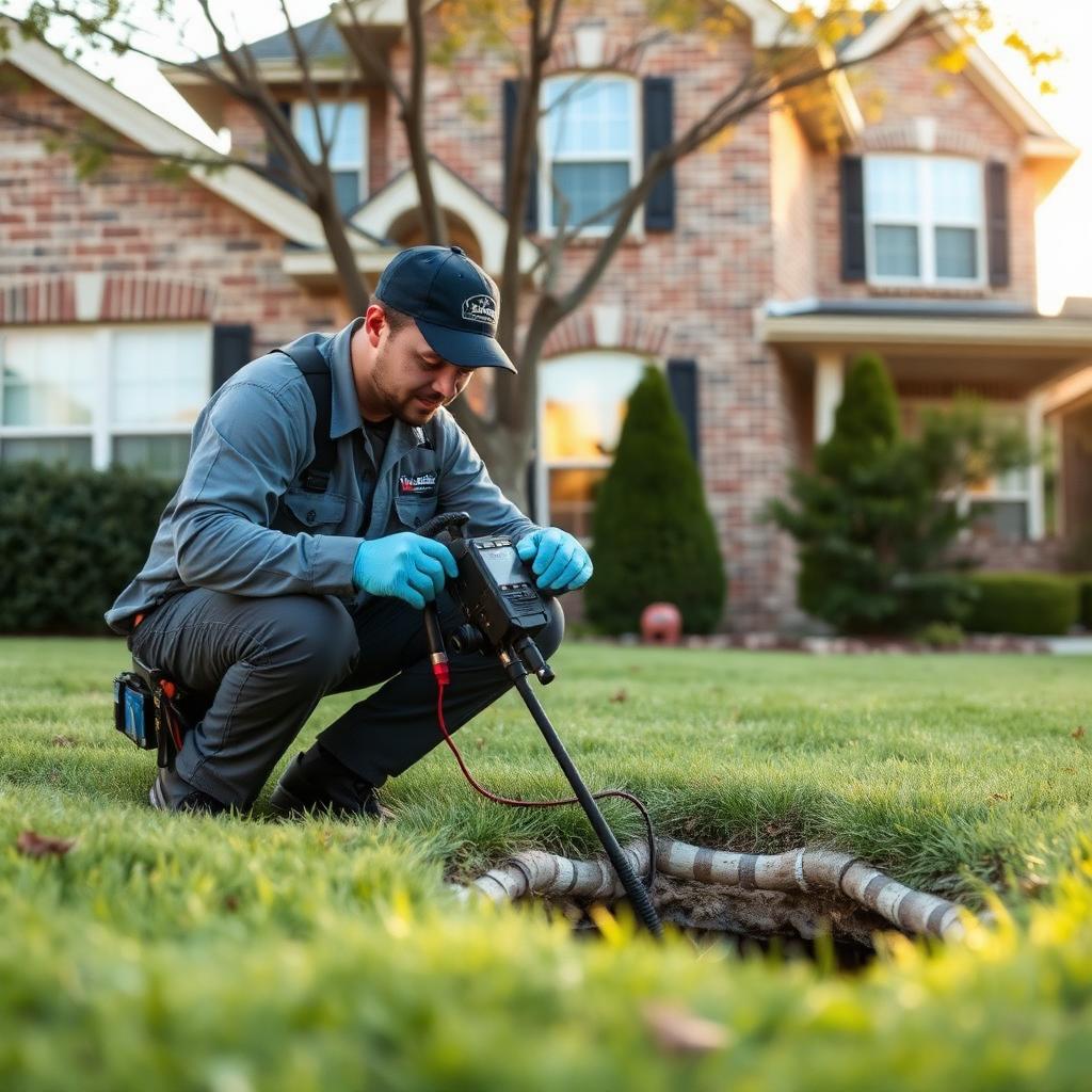 Compact pipe bursting rig positioned behind an Coppell, TX townhome sewer cleanout