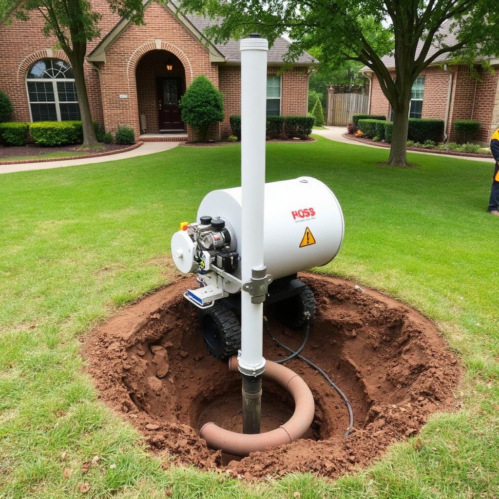 Sewer camera monitor showing a newly replaced HDPE sewer line under an Coppell, TX ranch