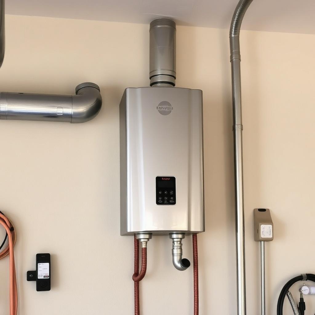 Plumber performing annual descaling on a tankless water heater in an Coppell, TX utility closet