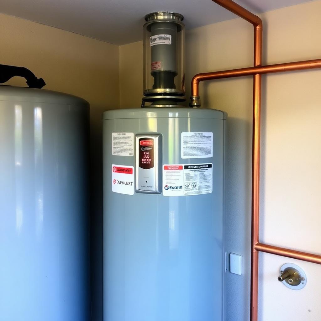 Plumber draining and servicing a 50-gallon tank water heater in an Coppell, TX condo mechanical closet