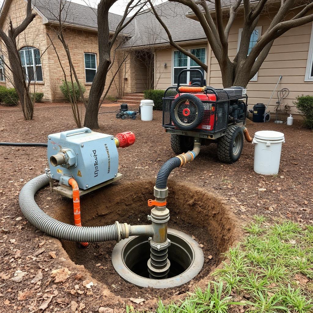Sectional drain cleaning machine cabling into the cast iron main cleanout of an Farmers Branch, TX condo