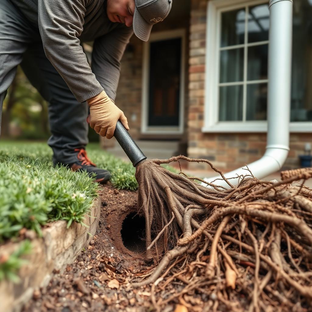 Plumber pulling tree roots out of a residential sewer line at an older Farmers Branch, TX ranch