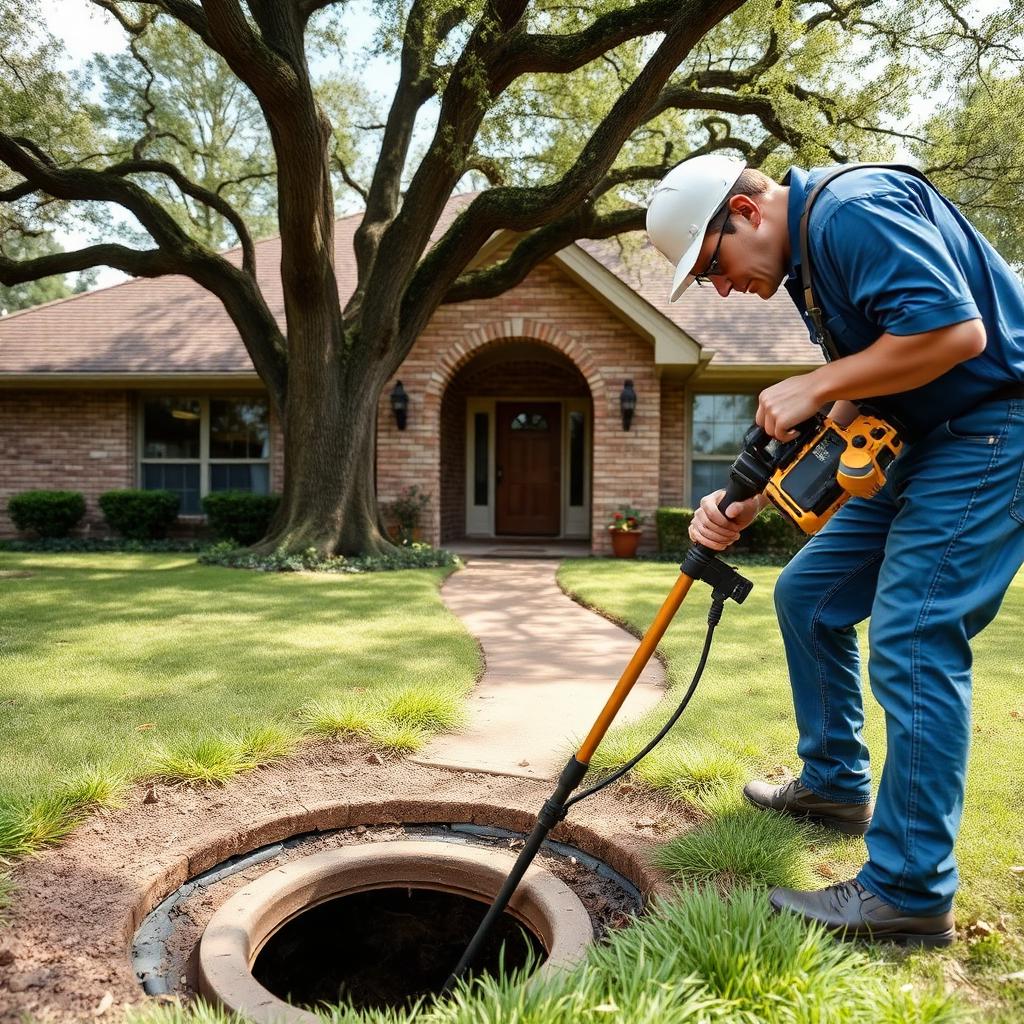 Compact pipe bursting rig positioned behind an Farmers Branch, TX townhome sewer cleanout