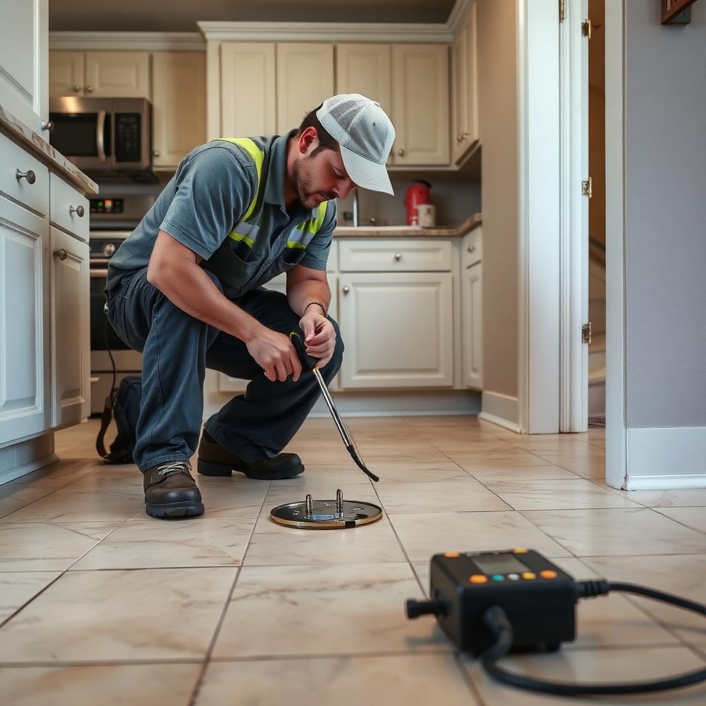 Electronic leak detection sensors on the concrete slab of an Farmers Branch, TX ranch home