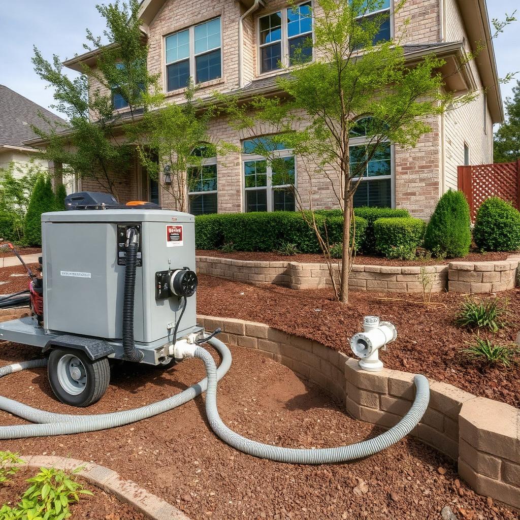 Sectional drain cleaning machine cabling into the cast iron main cleanout of an Flower Mound, TX condo