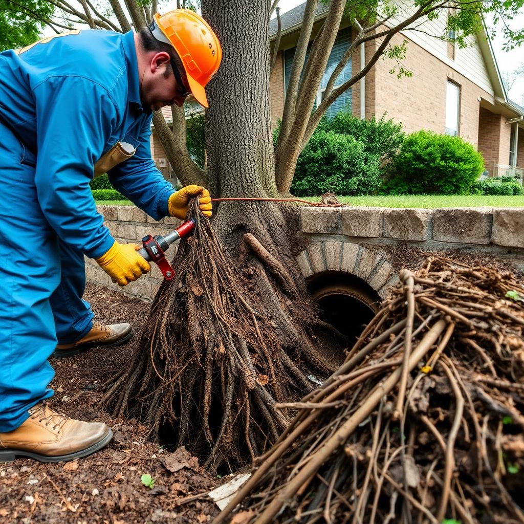 Plumber pulling tree roots out of a residential sewer line at an older Flower Mound, TX ranch