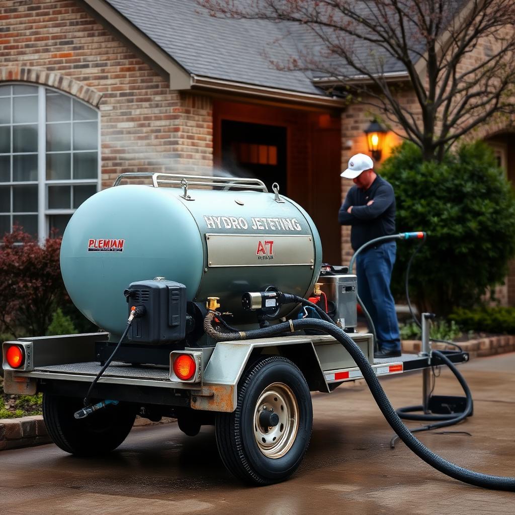 Close-up of a hydro jetting nozzle spraying inside a cast iron sewer pipe removing scale