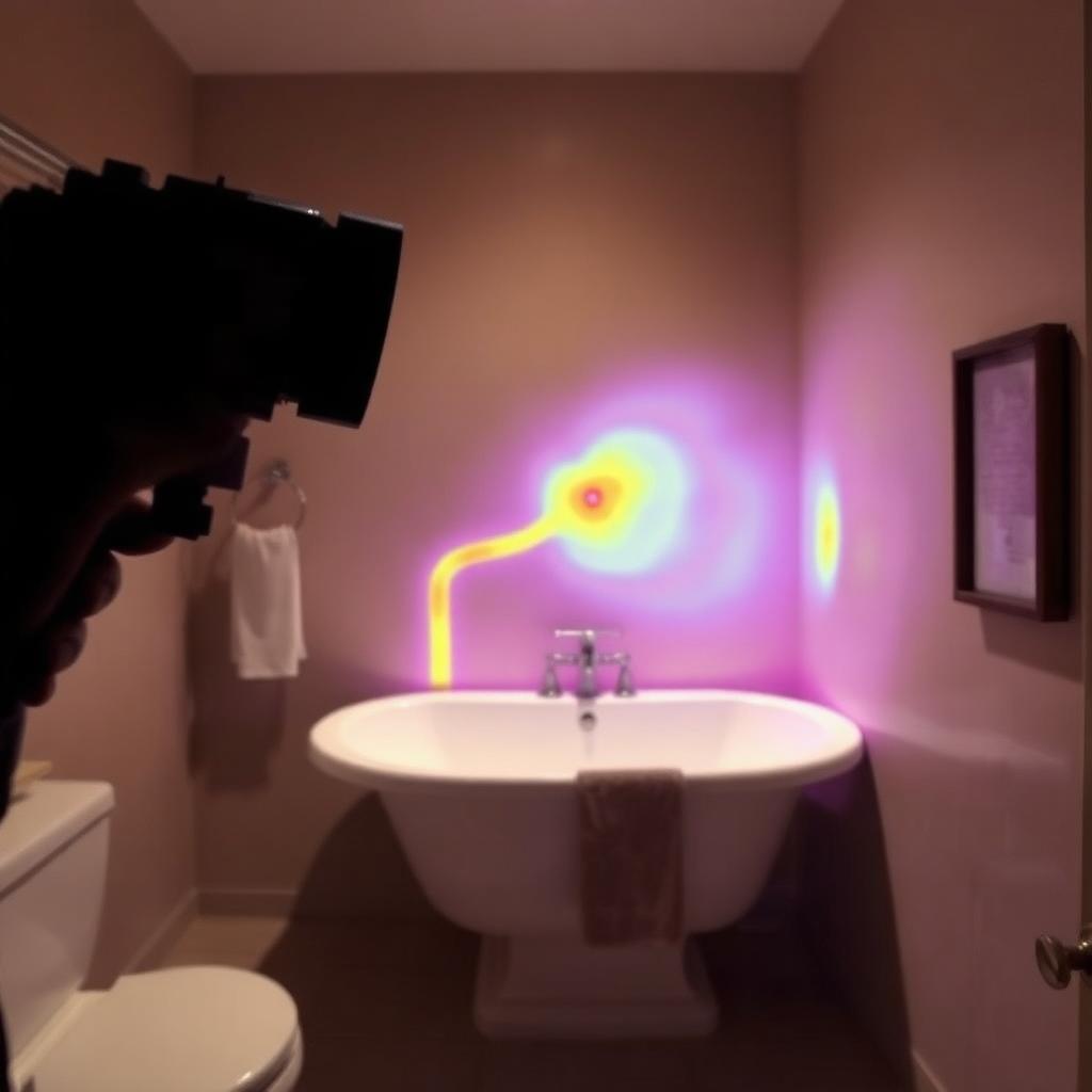 Thermal imaging display showing a hot-side pipe leak inside an Flower Mound, TX condo wall