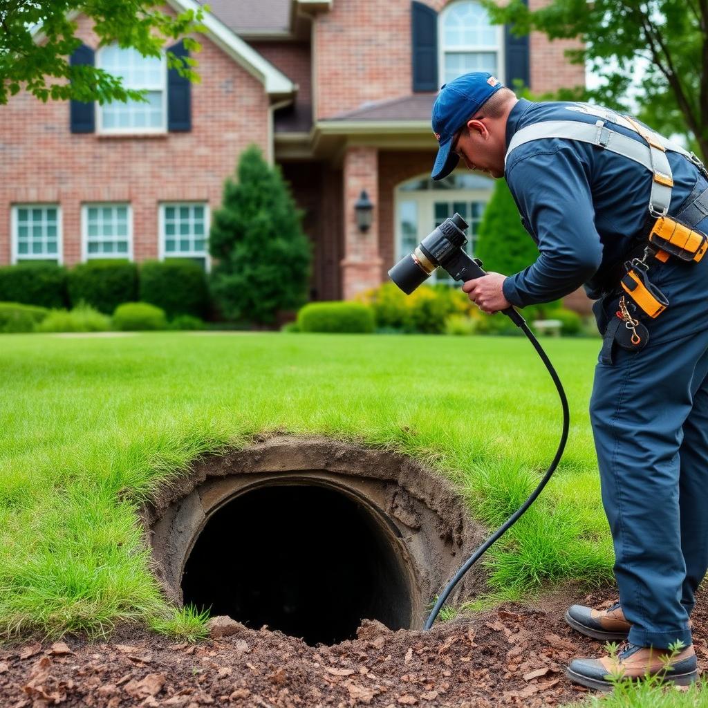 Compact pipe bursting rig positioned behind an Flower Mound, TX townhome sewer cleanout