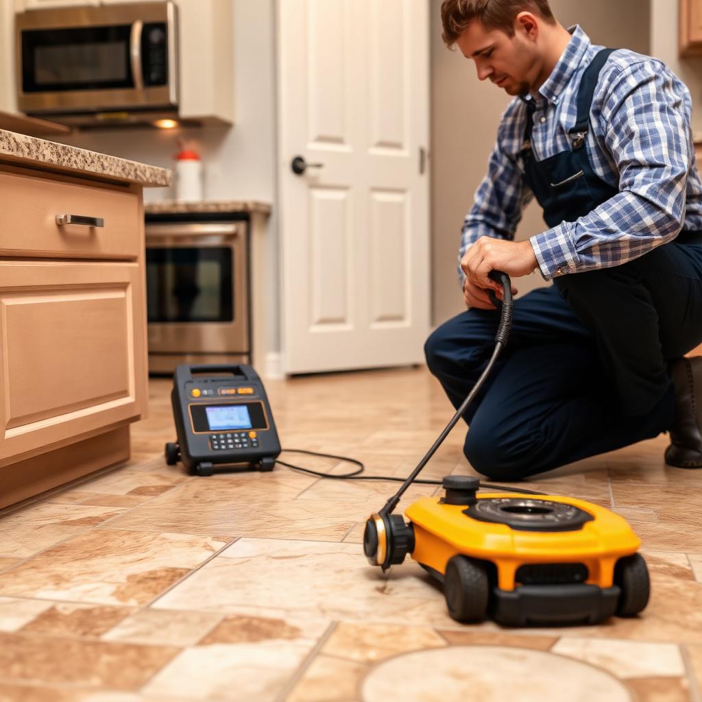 Electronic leak detection sensors on the concrete slab of an Flower Mound, TX ranch home