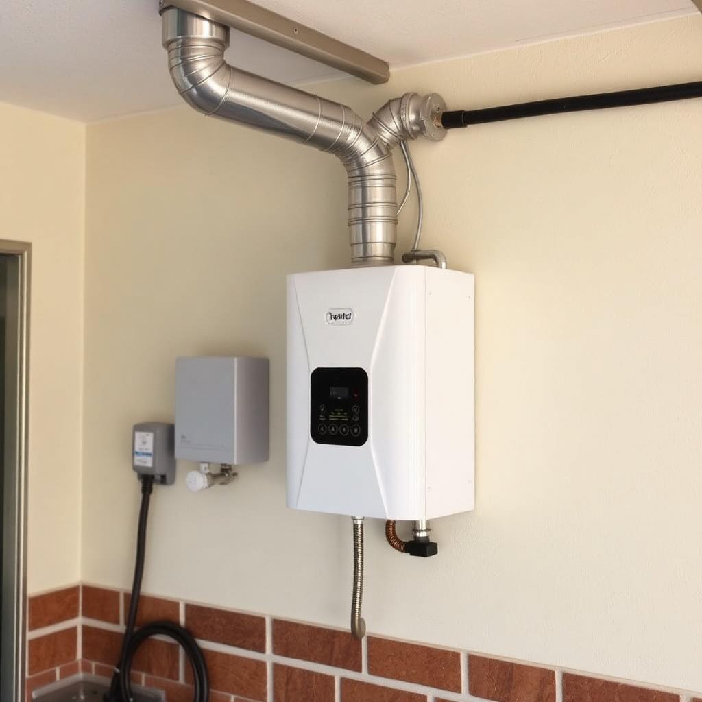 Plumber performing annual descaling on a tankless water heater in an Flower Mound, TX utility closet