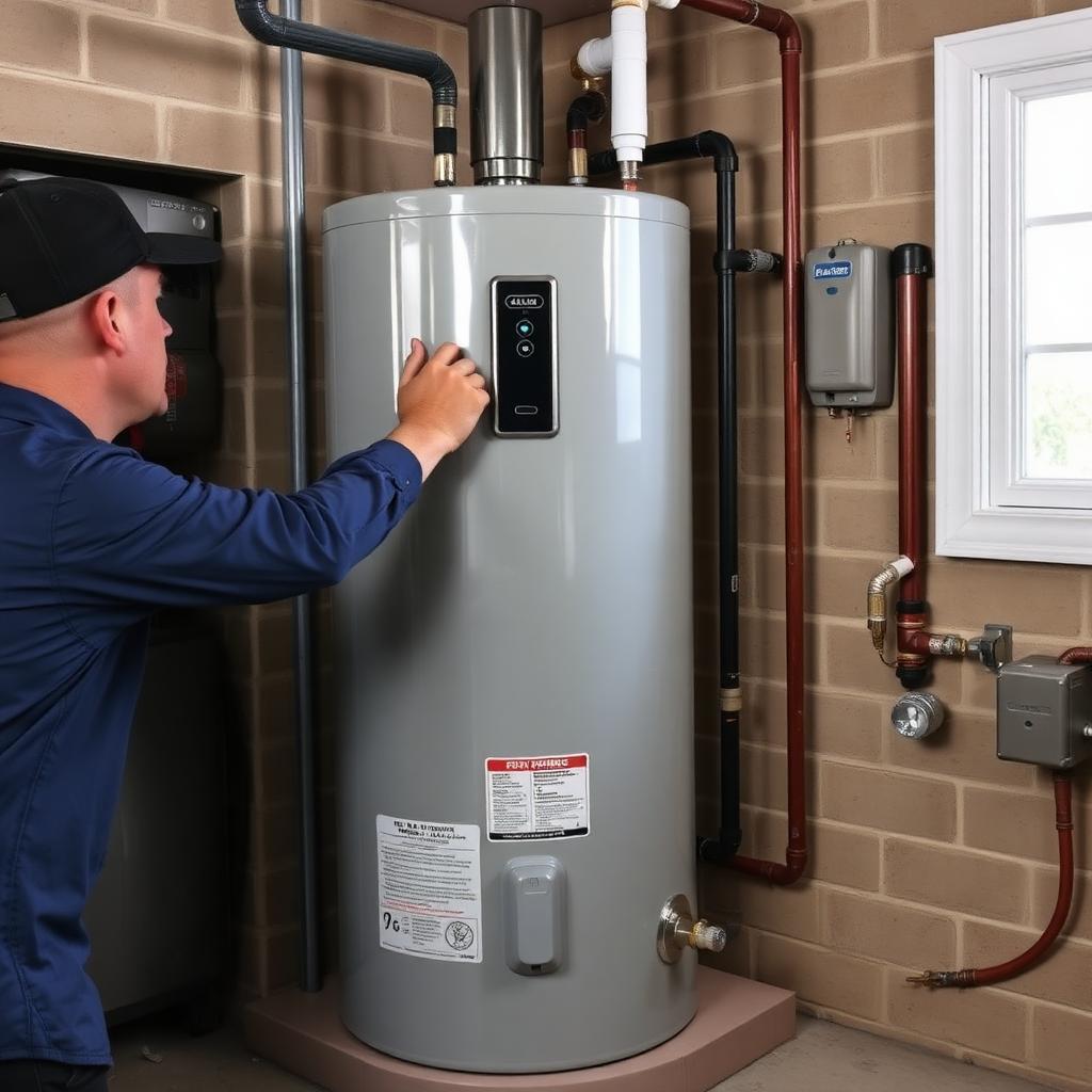 Plumber draining and servicing a 50-gallon tank water heater in an Flower Mound, TX condo mechanical closet