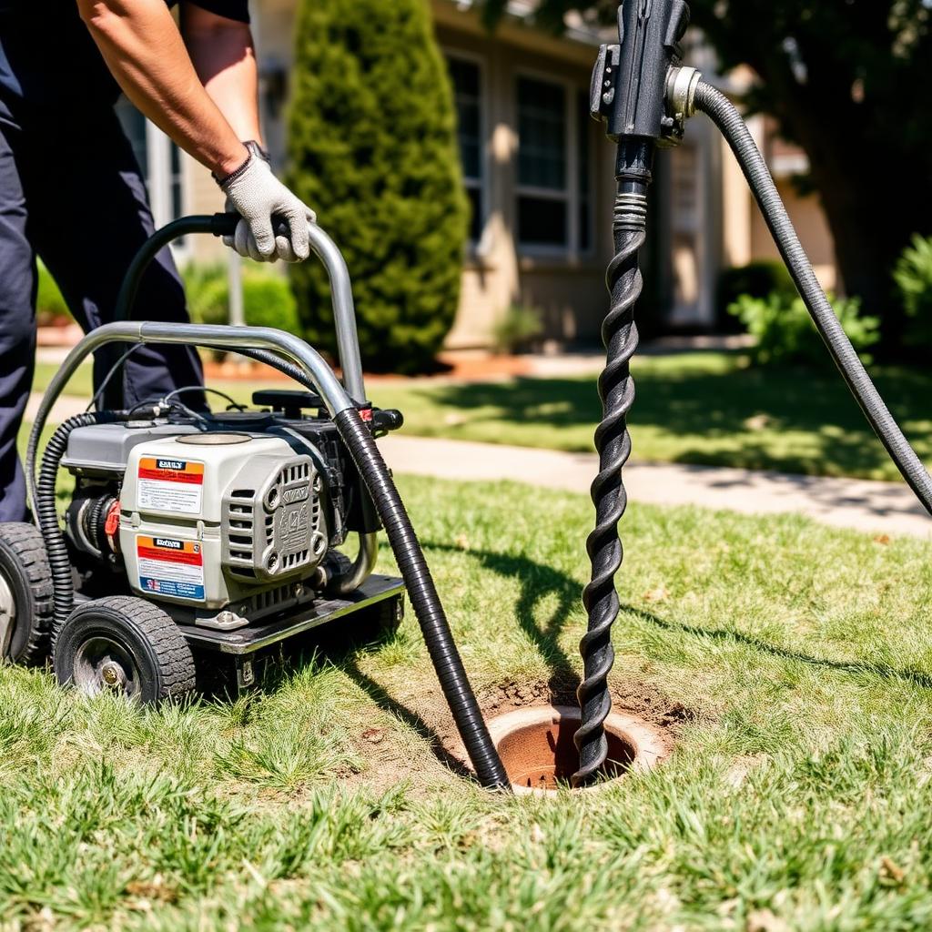 Sectional drain cleaning machine clearing a main line at a Frisco, TX home