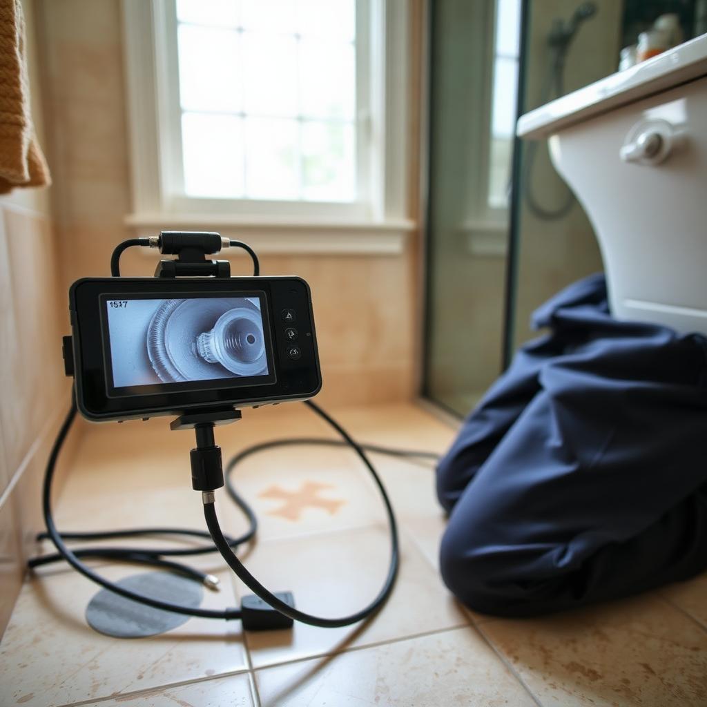 Sewer camera monitor confirming a cleared drain line in a Frisco, TX bathroom