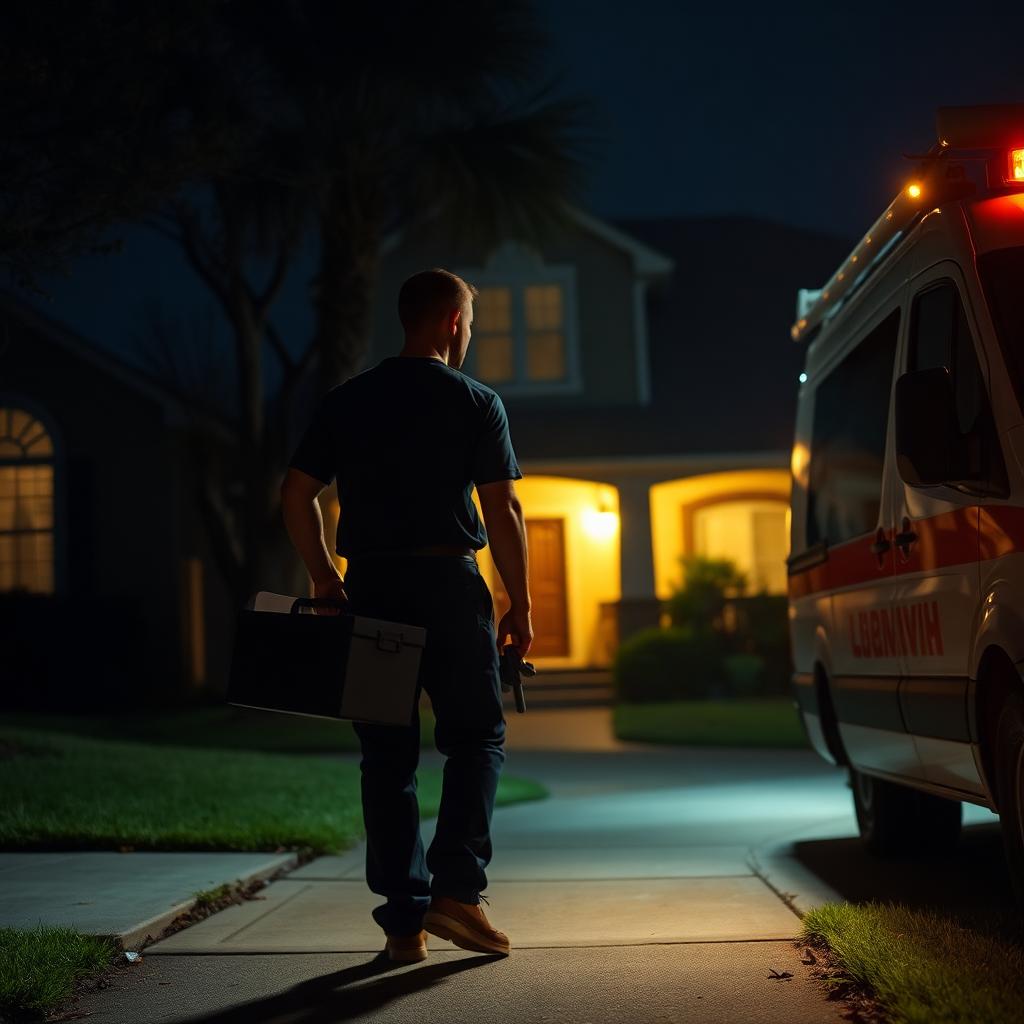 Emergency plumber arriving at a Frisco, TX home at night with a lit service van