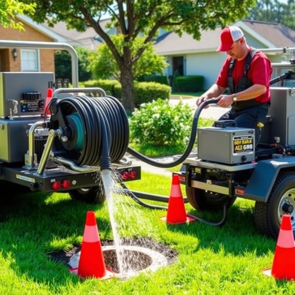 Trailer-mounted hydro jetter cleaning a Frisco, TX residential sewer line