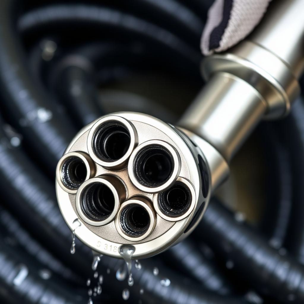 Close-up of a rotating hydro jetting nozzle used on a Frisco, TX sewer line