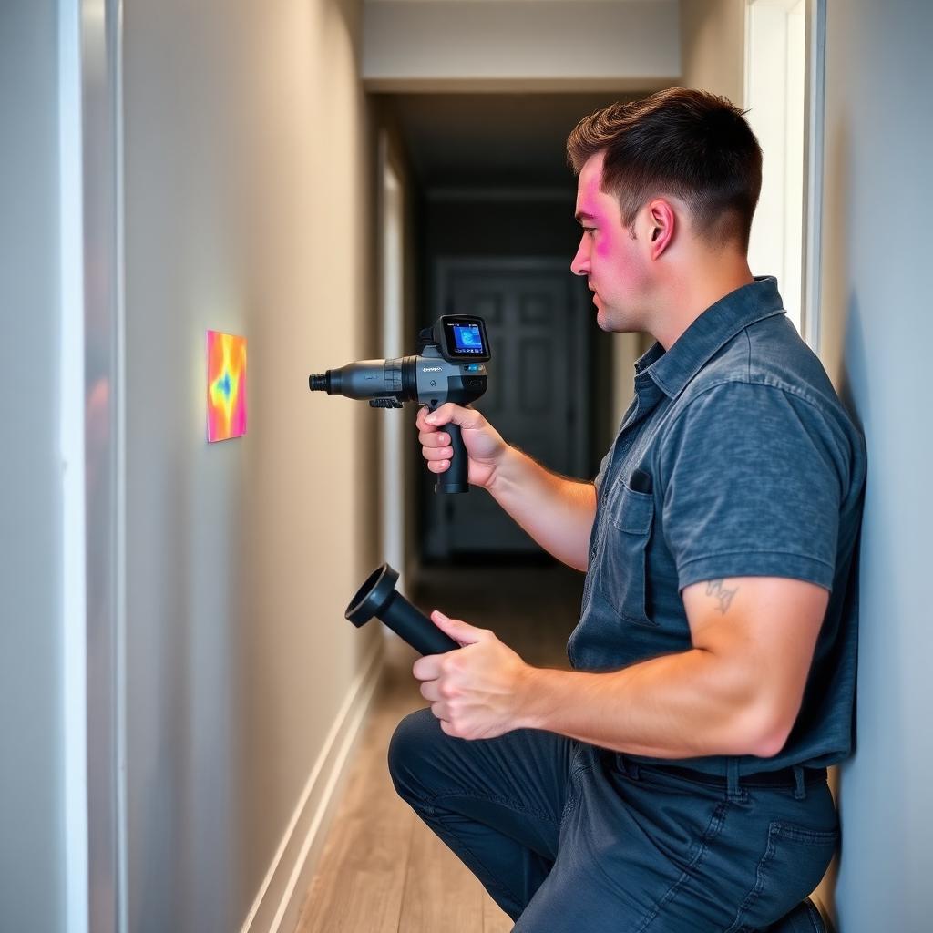 Thermal imaging camera scanning a wall for a hidden water leak in a Frisco home