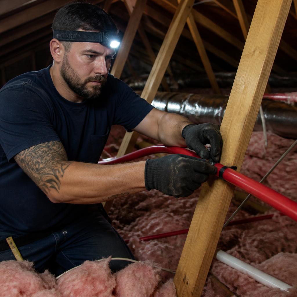 Aqua Pure Plumbing plumber running a PEX reroute through a Frisco attic